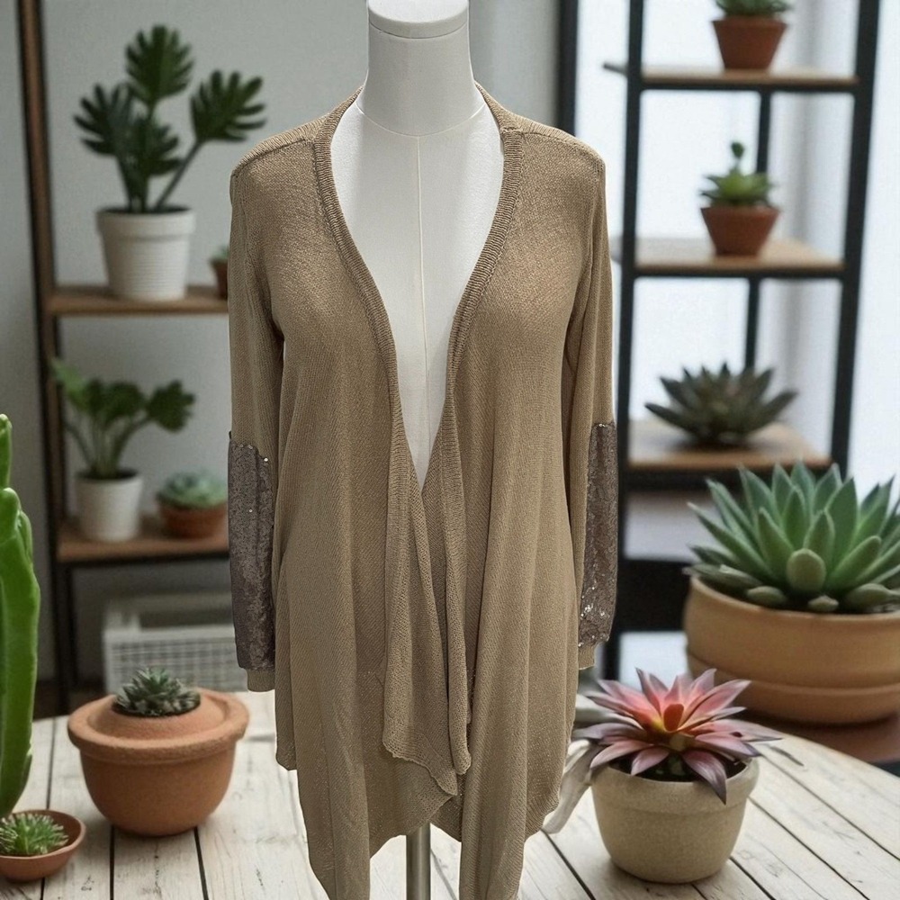 Women 1XL Open Front Sequin Sleeve Cardigan Sweater‎ Neutral Boho Glam Layering